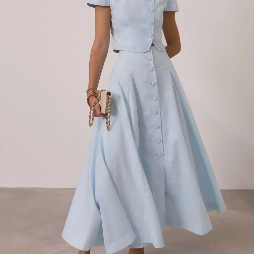 Vita Grace Rossala Linen Button Top and Skirt in Sky Blue - Size Large NWT - Picture 8 of 9